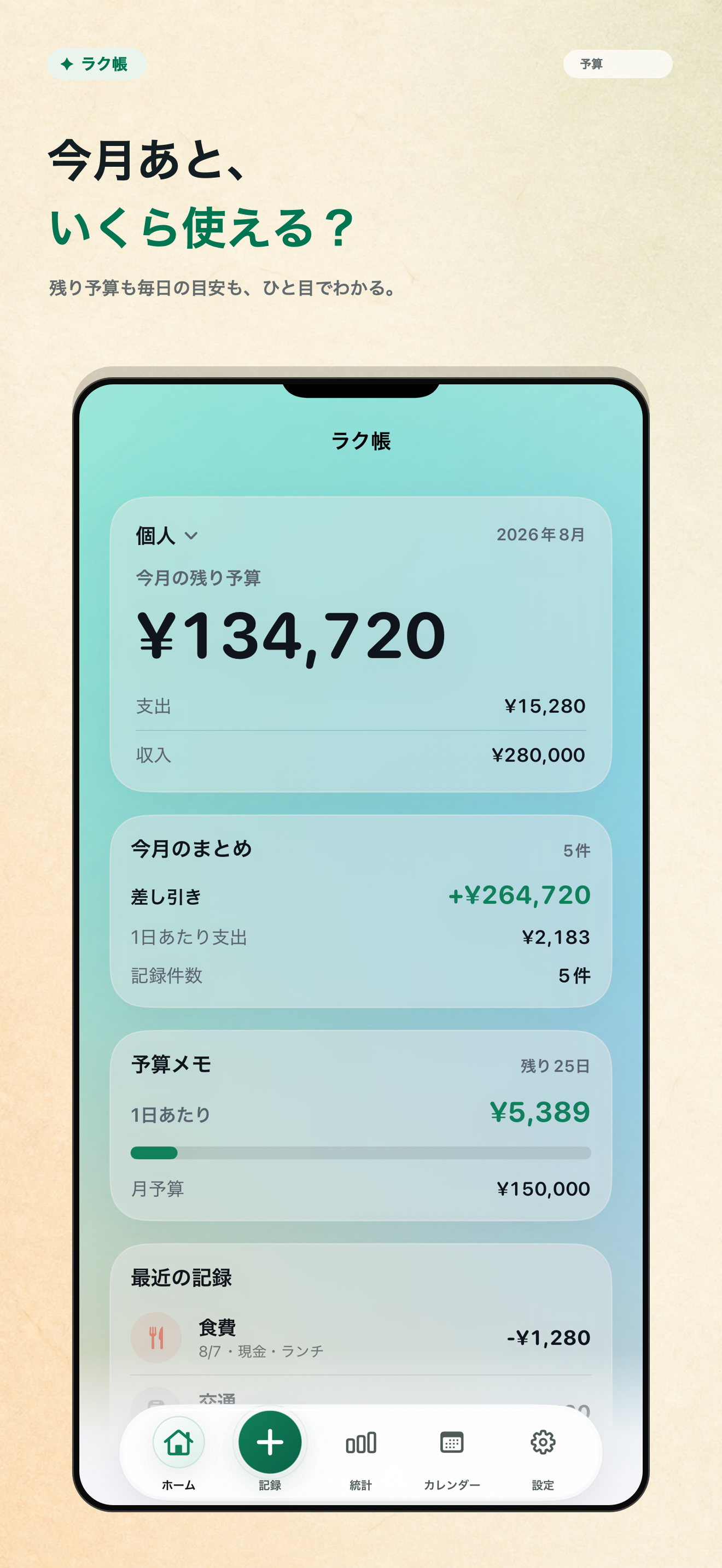 今月の支出と予算を表示するラク帳のホーム画面
