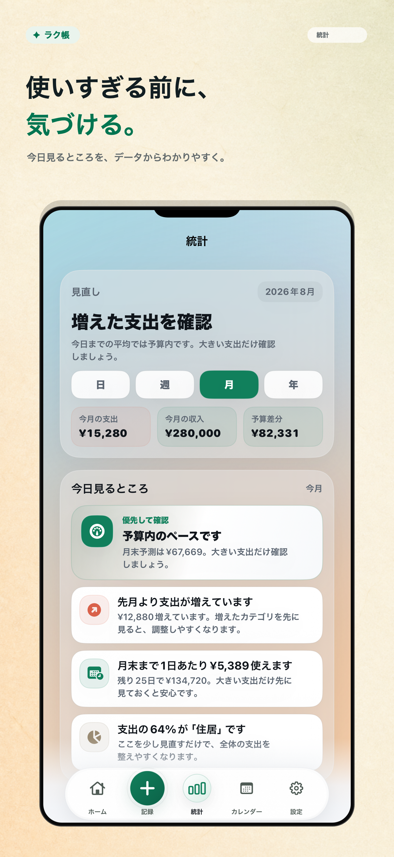 支出の内訳と気づきを表示するラク帳の統計画面
